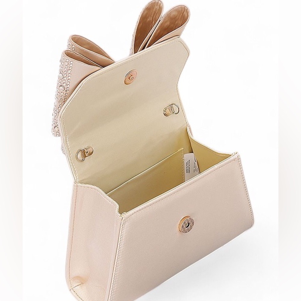 Vegan Leather Rhinestone Bow Top Handle Bag - Gold, Black, and Silver - Picture 7 of 8